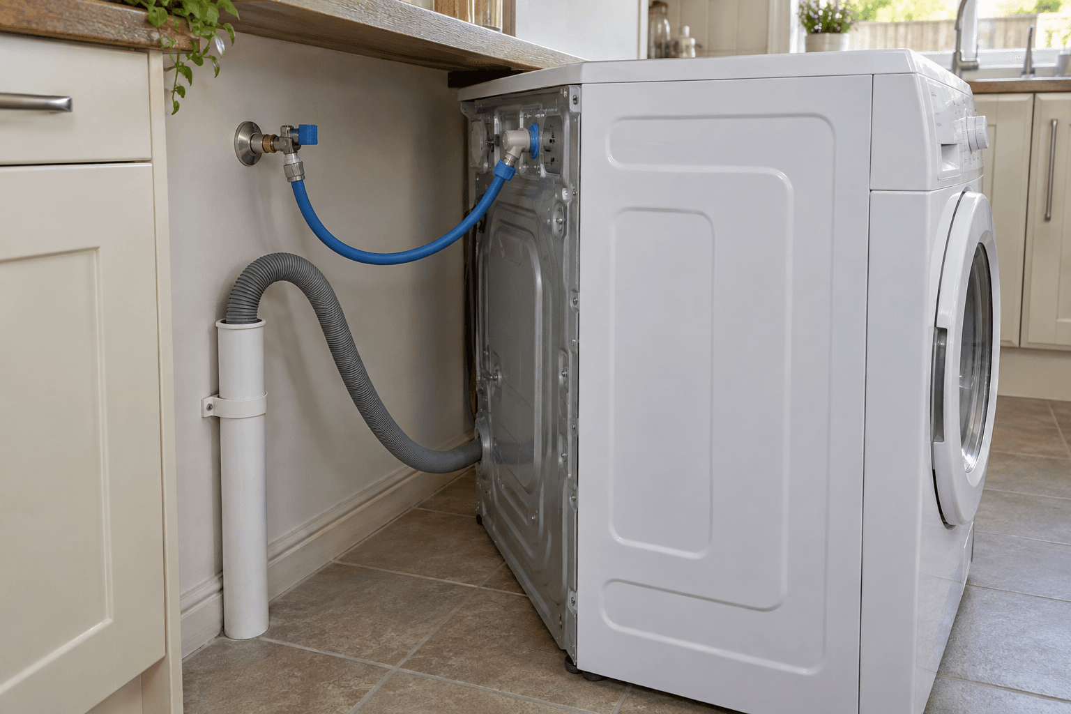 Illustration of a washing machine with its inlet hose, isolation valve and waste connection visible.