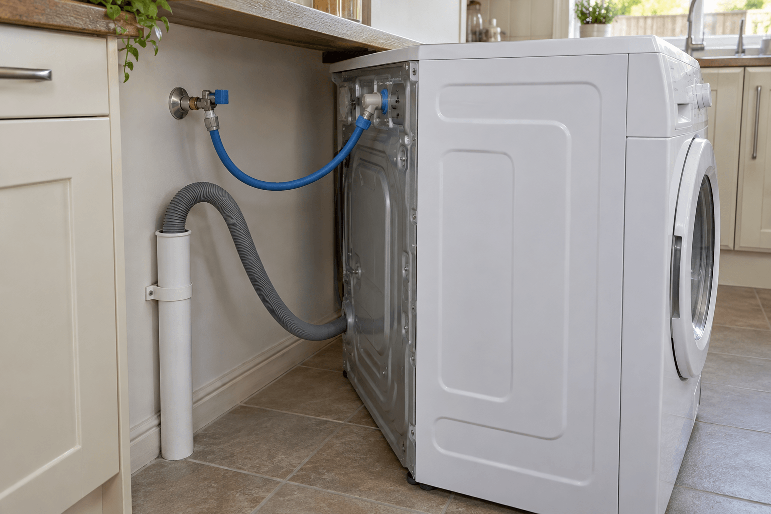 Illustration of a washing machine with its inlet hose, isolation valve and waste connection visible.