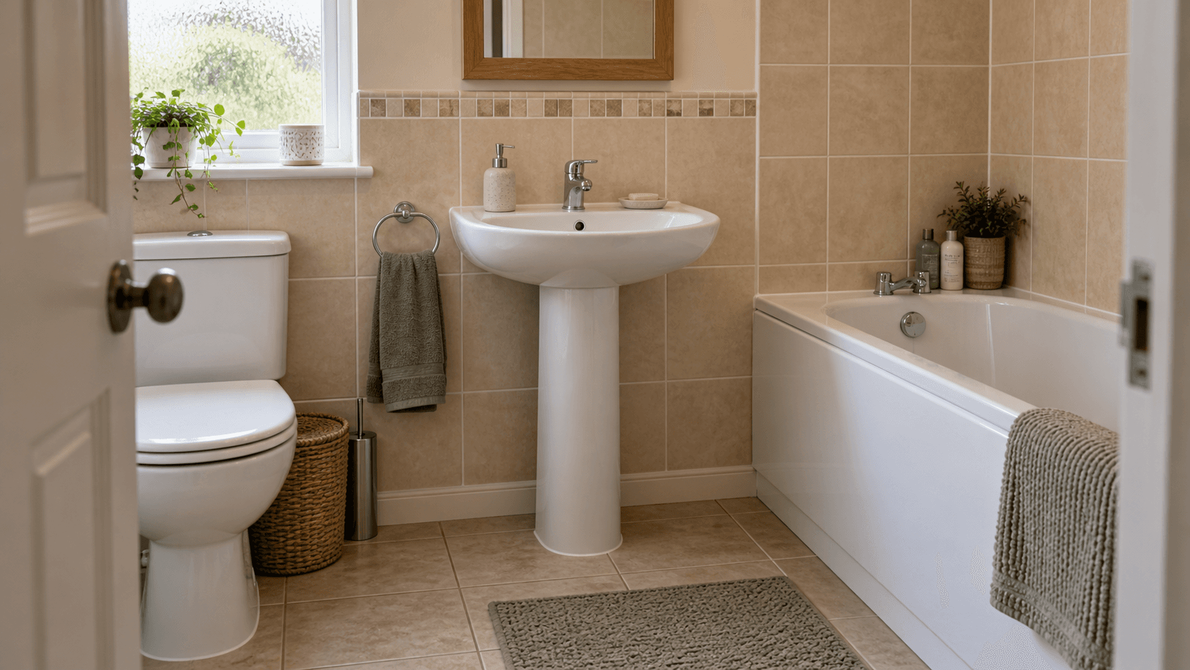 Illustration of a pedestal basin, toilet and bath within an existing tiled bathroom