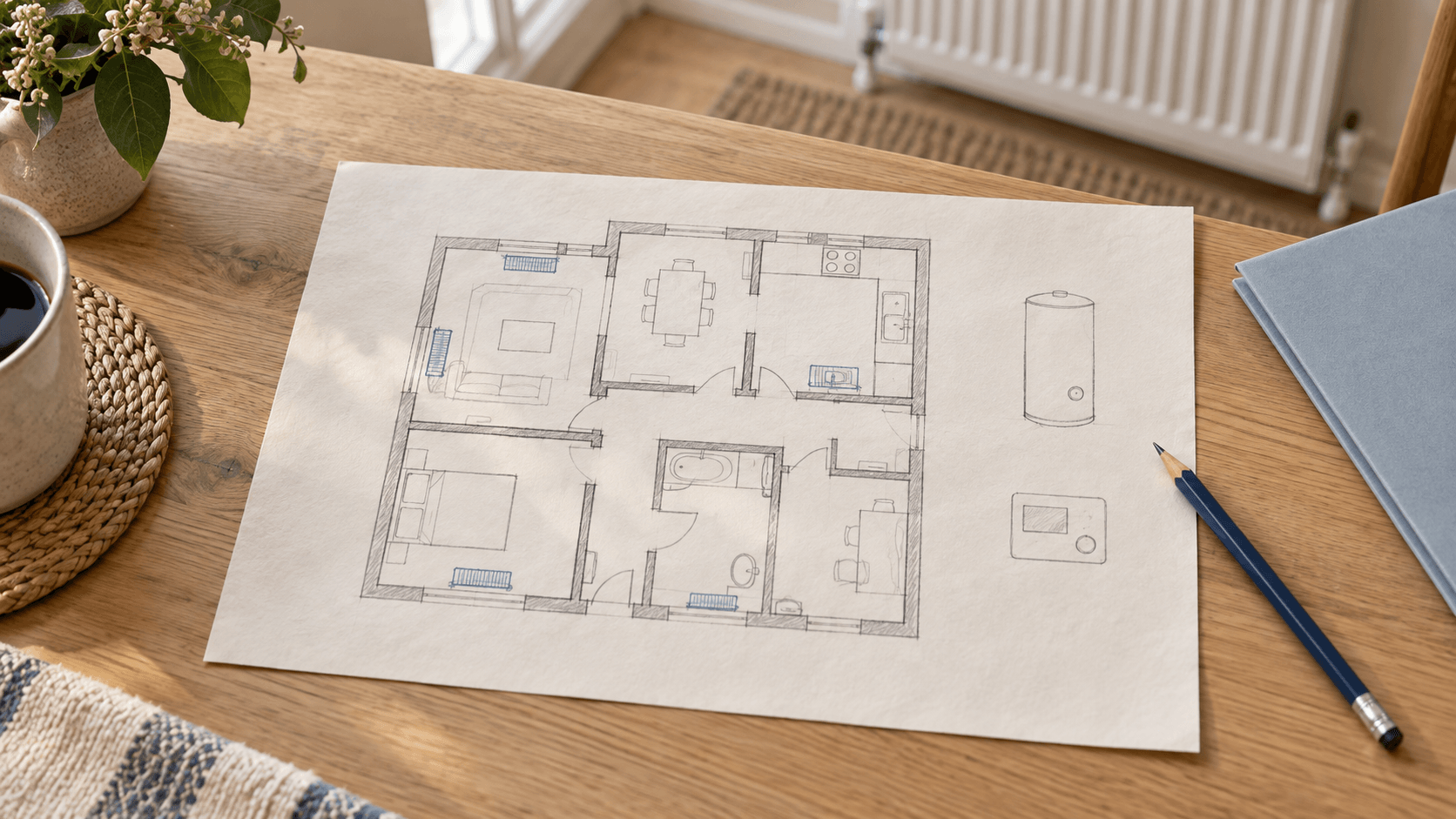 Illustration of a house layout sketch showing radiator positions and hot-water equipment.