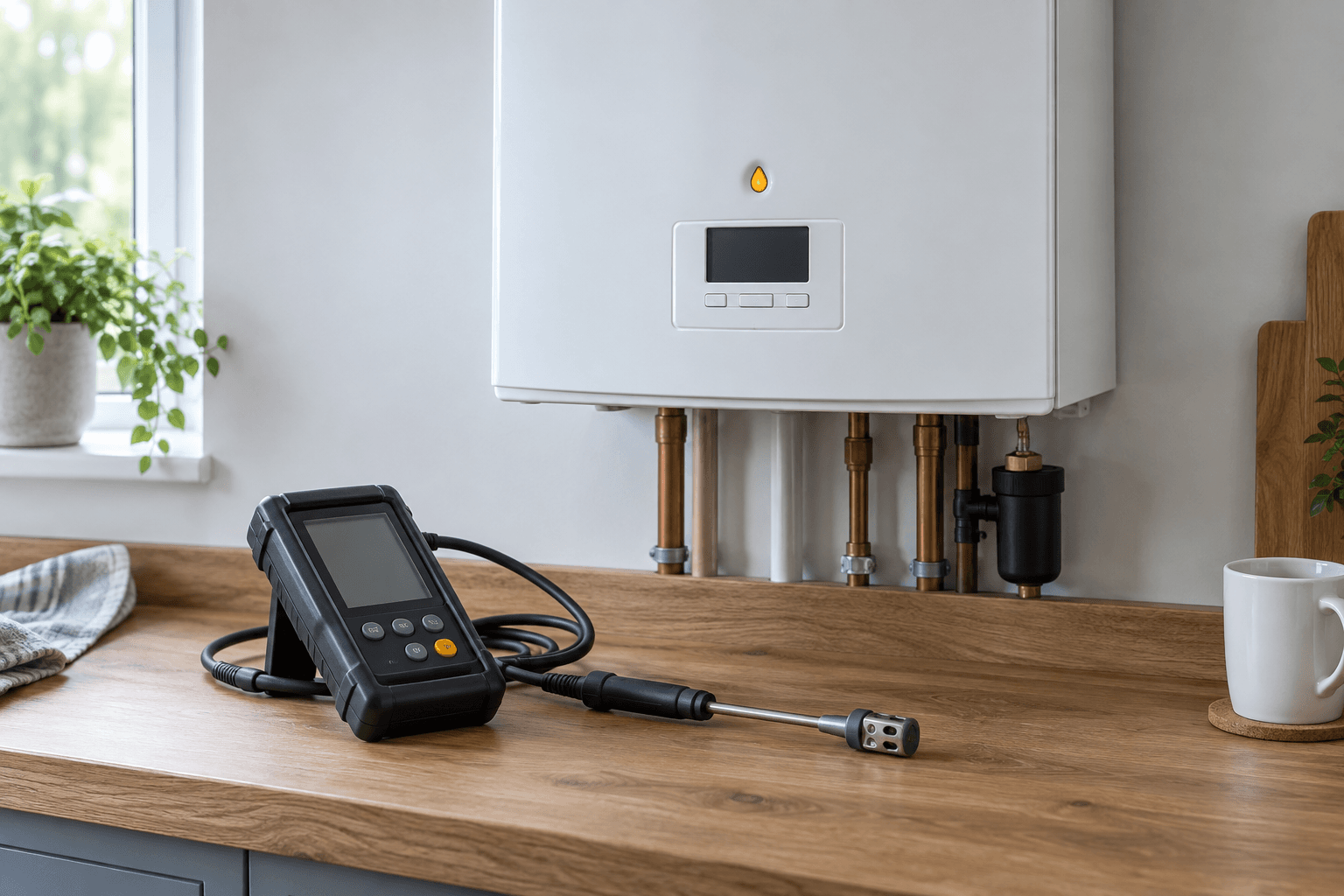 Illustration of a boiler control panel and diagnostic instrument on a worktop.