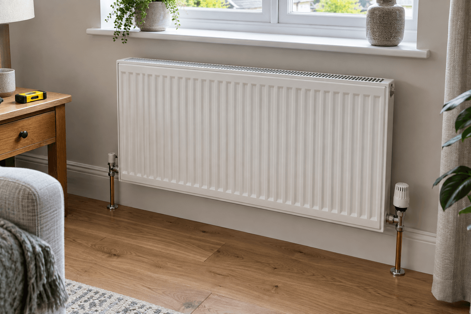 Illustration of a panel radiator with thermostatic valve, lockshield and floor pipe connections.