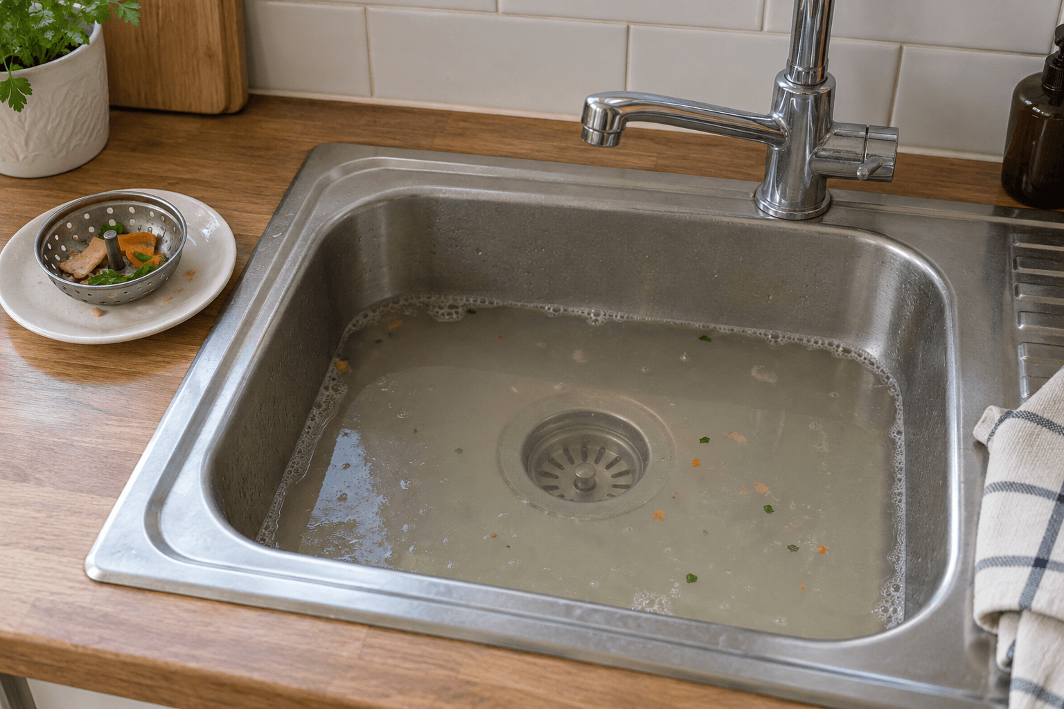 Illustration of cloudy water standing in a kitchen sink with the tap turned off.