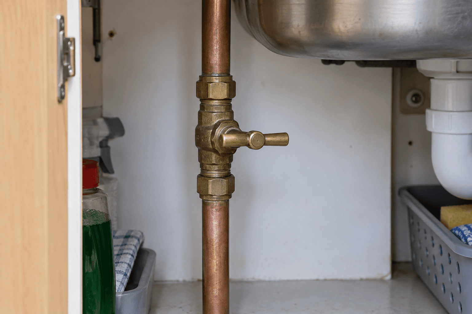 Illustration of a brass water stopcock on copper pipework inside an open kitchen cupboard.