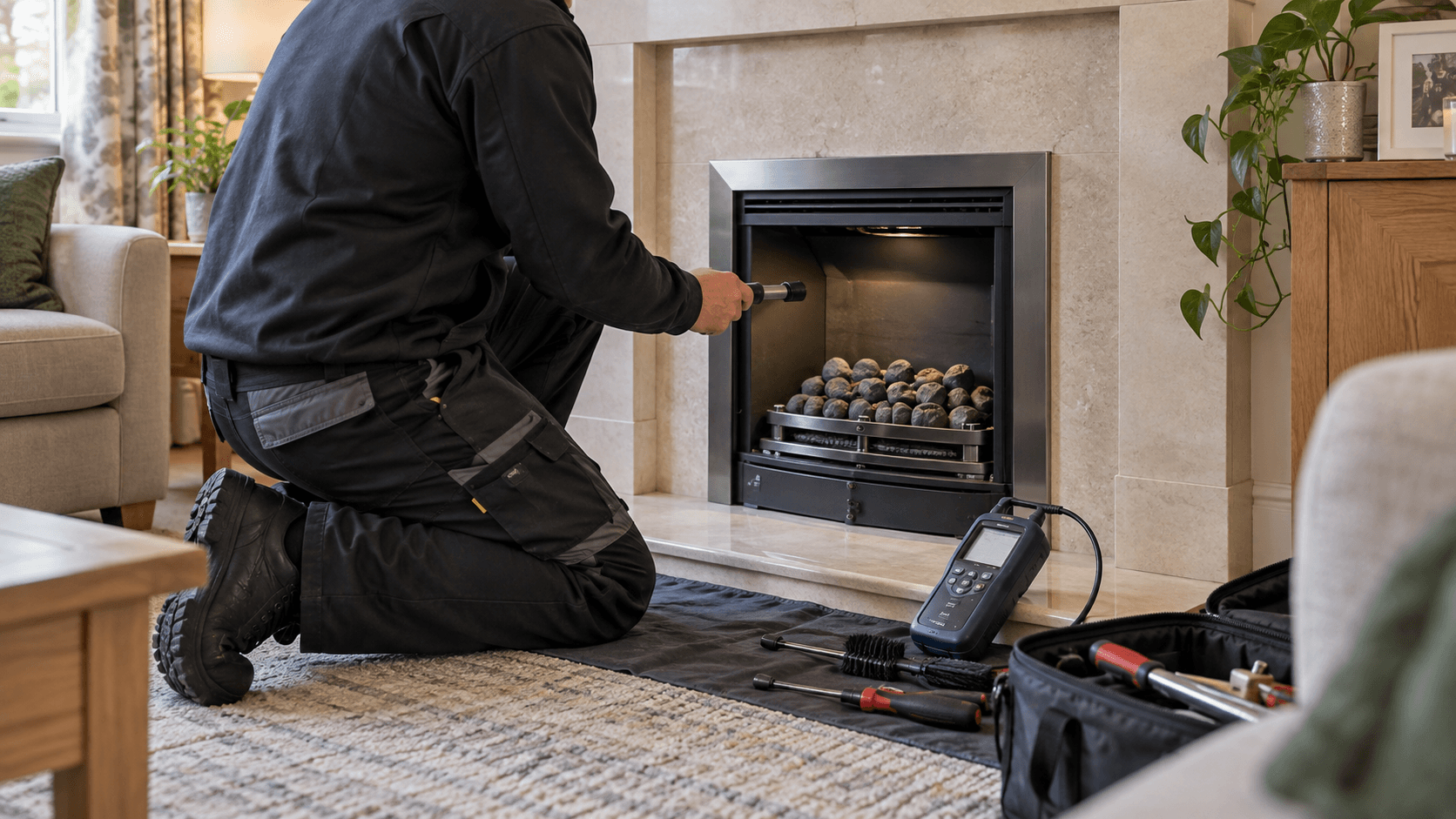 Illustration of a technician inspecting an unlit domestic gas fire.
