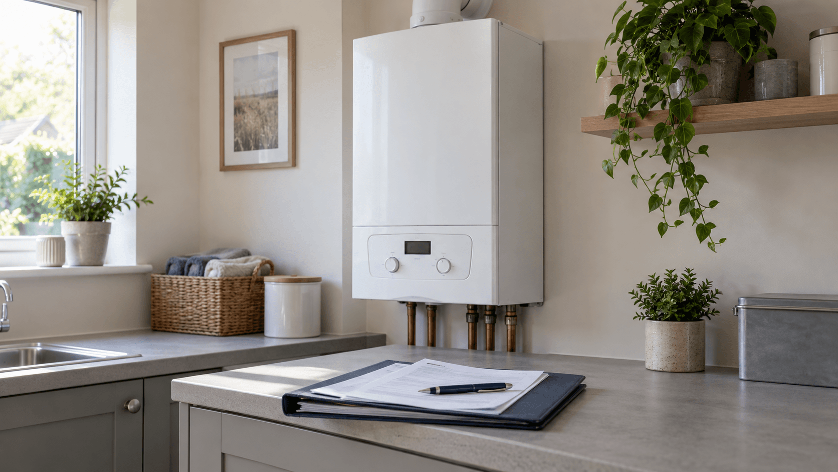Illustration of a closed boiler with a folder of paperwork on a clear worktop.