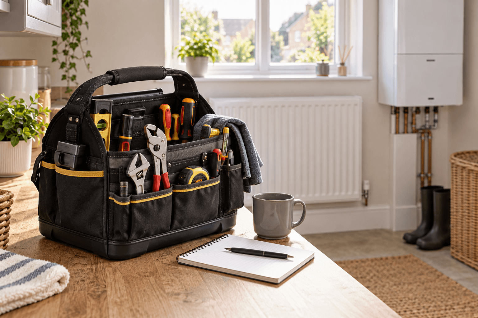 Illustration of a tool bag and notebook beside a radiator and boiler.