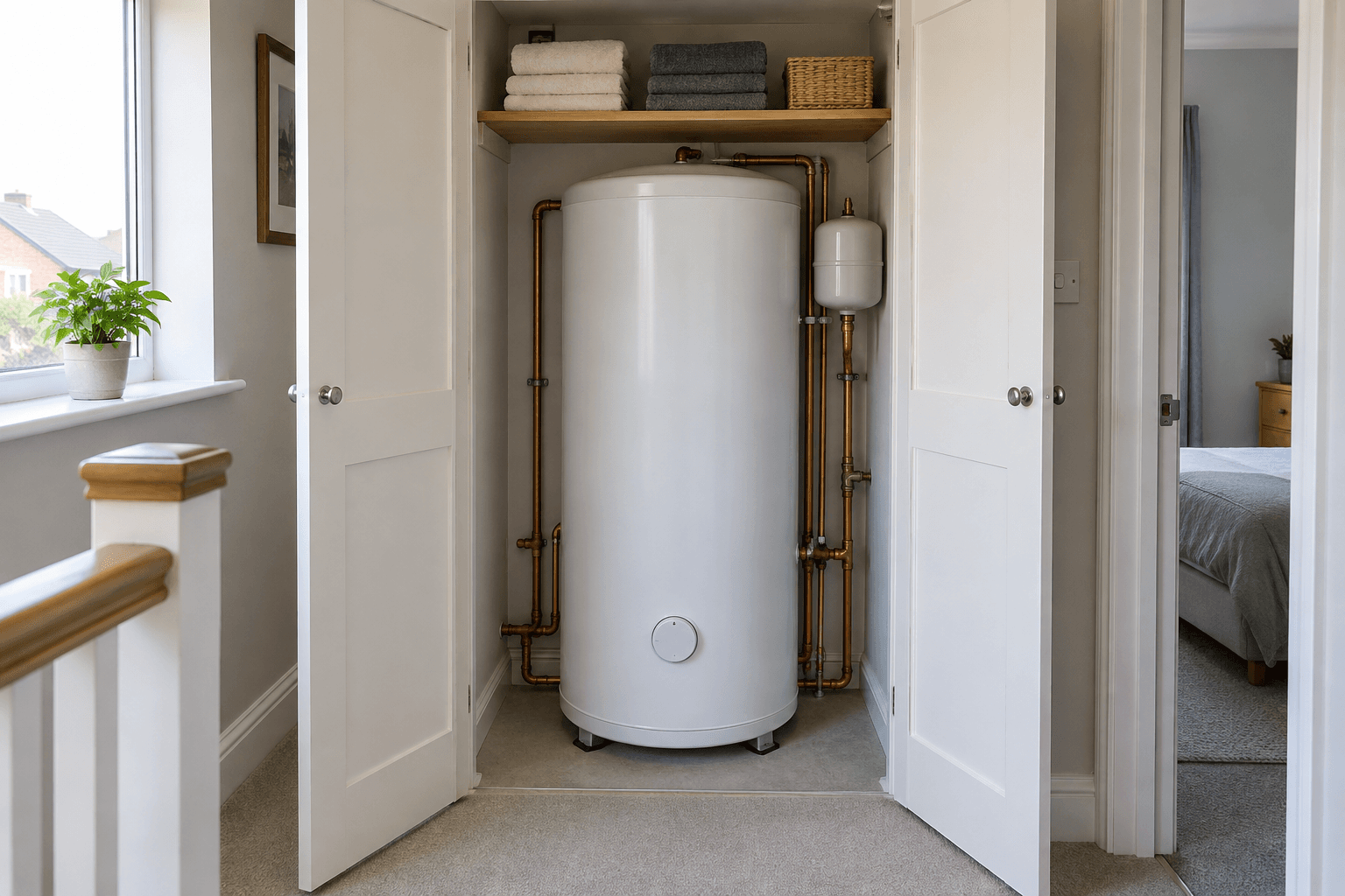 Illustration of a hot-water cylinder and pipework in an open airing cupboard.