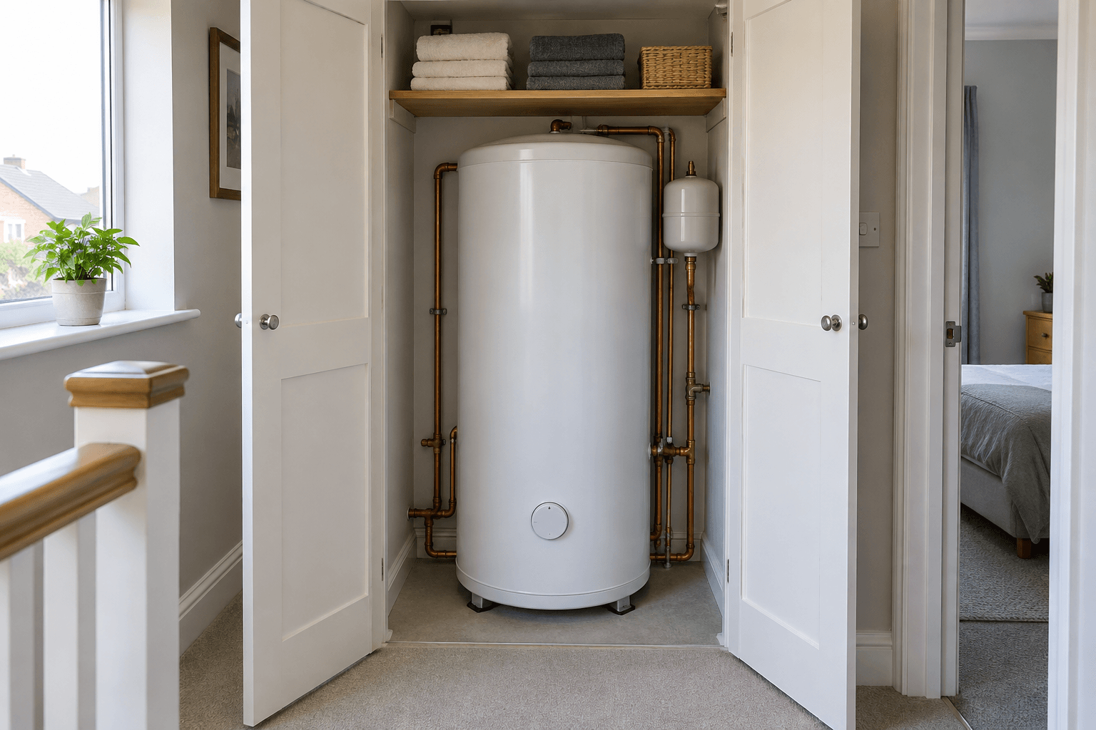 Illustration of a hot-water cylinder and pipework in an open airing cupboard.