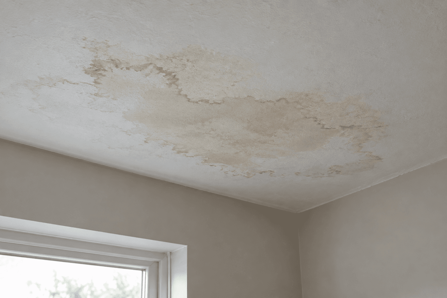 Illustration of a brown-edged water stain on an intact ceiling near a window.