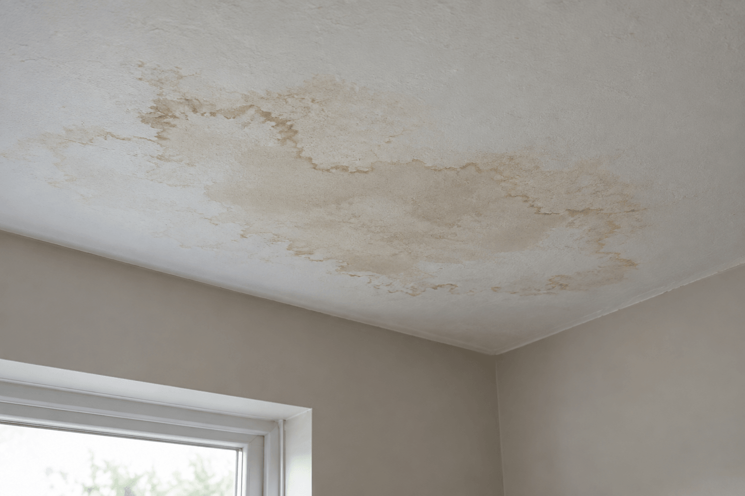 Illustration of a brown-edged water stain on an intact ceiling near a window.