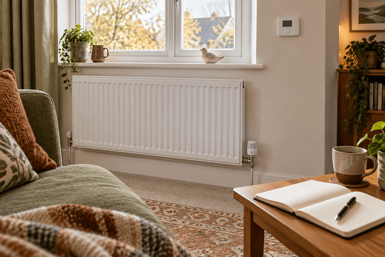 Illustration of a radiator position beneath a window, with valves and nearby furniture visible.