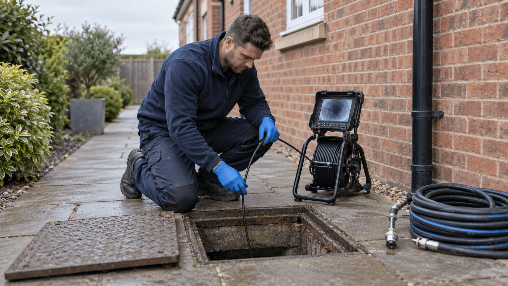 Plumber using a drain inspection camera beside an open outdoor inspection chamber