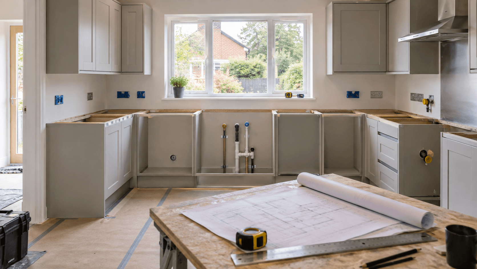 Illustration of kitchen units during fitting with water connections and service positions exposed.