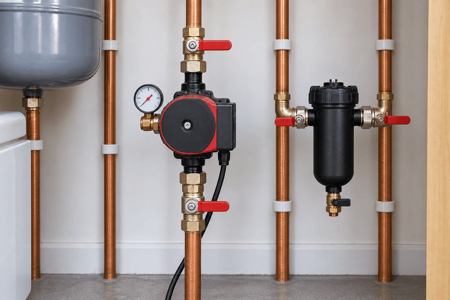 Illustration of heating circulation components, a pressure gauge and a magnetic filter.