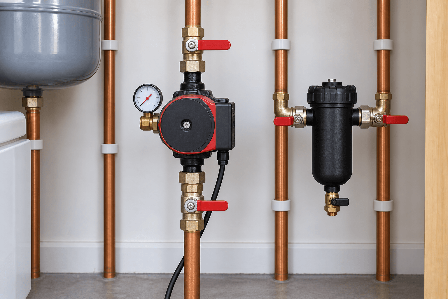 Illustration of heating circulation components, a pressure gauge and a magnetic filter.