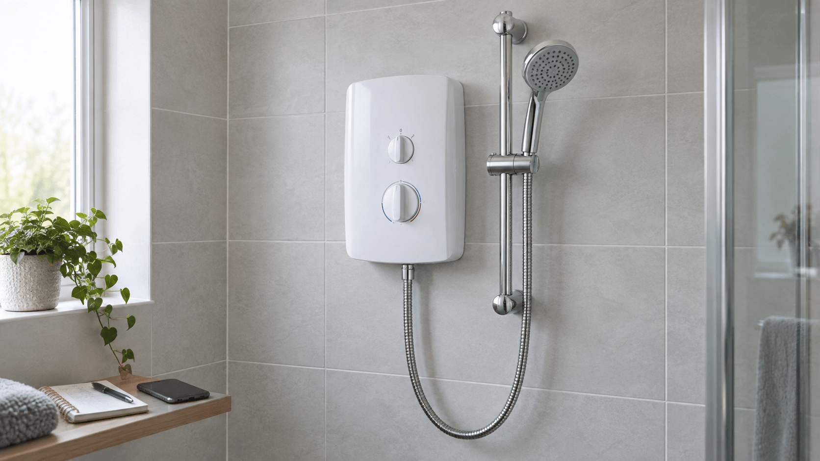 Illustration of a dry shower with controls and hose beside a glass screen for leak assessment.